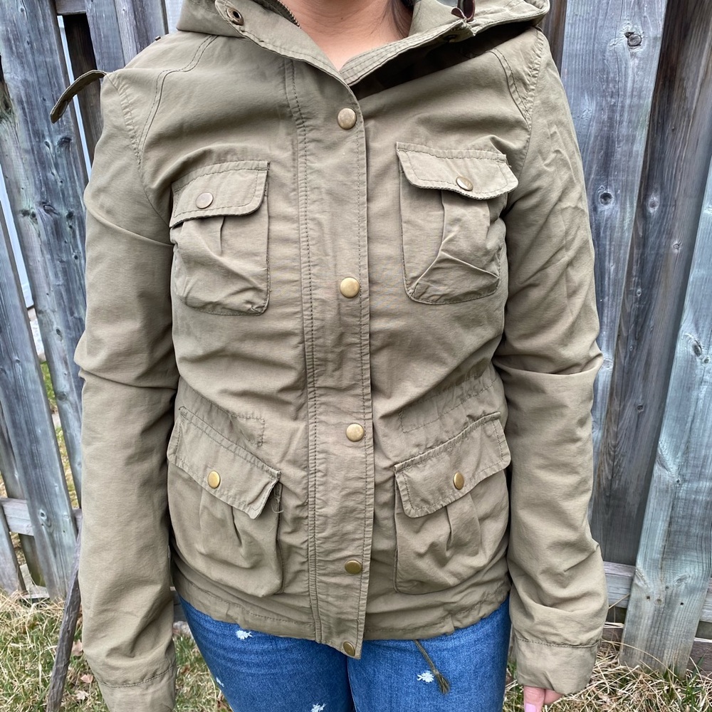 H&M Green khaki cargo utility jacket with hood